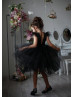 Black Satin Tulle Feather V Back Flower Girl Dress